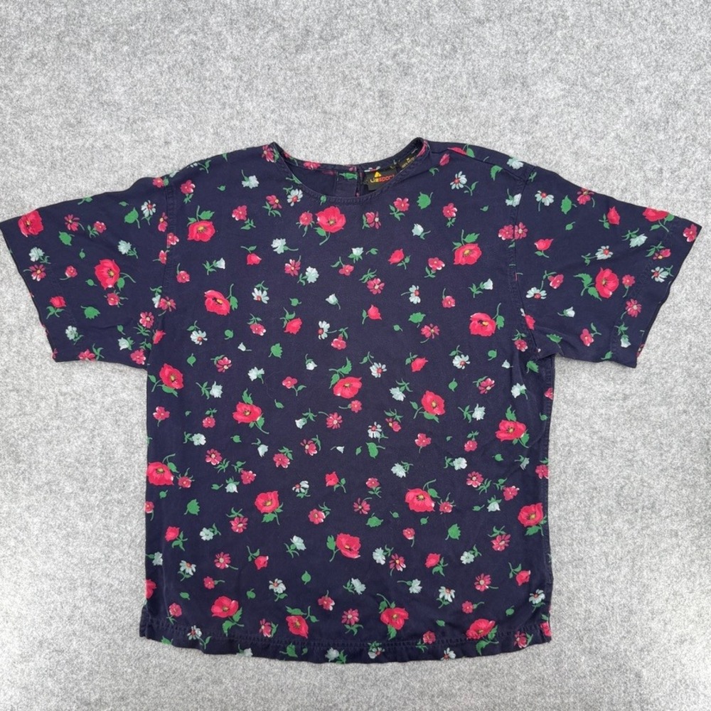 Lizsport Top Womens Medium Floral Navy Blue Rayon Short Sleeve EUC